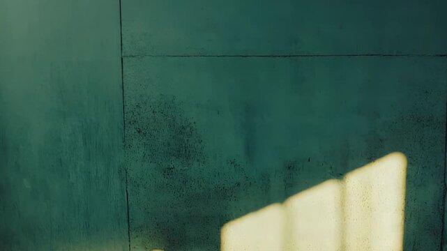 Sunlight illuminating a weathered wall, creating abstract patterns of light and shadow, representing concepts of time passing, hope, isolation, and interior spaces
