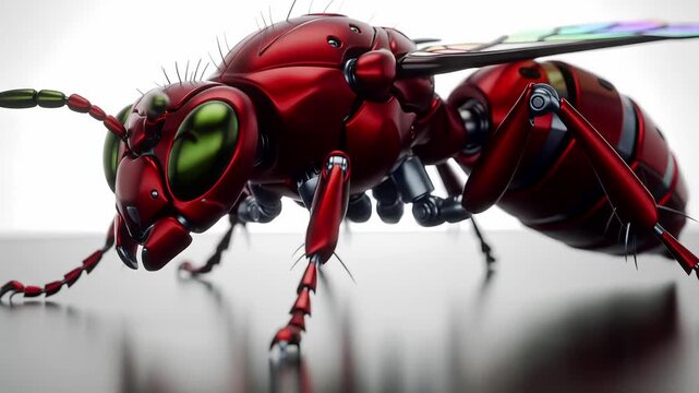 Close up of a metallic red robotic insect with glowing green eyes