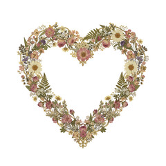 Vintage floral heart wreath with dried flowers and herbs