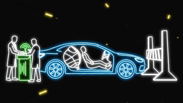 Neon Car Crash Test Scene With Spectators And Barrier.