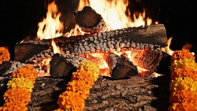 Vibrant fire ritual with stacked logs decorated with marigolds and traditional elements during night celebration