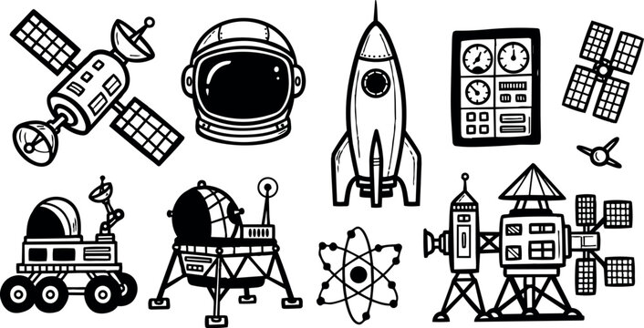 Black and white line art set of space exploration icons with astronaut helmet rocket satellite and lunar rover elements