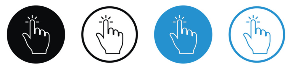 Fototapeta premium Set of four circular touchscreen icons showing a hand pressing a point. Variants include black, white, and blue backgrounds. Ideal for UI design, apps, and interactive technology visuals.
