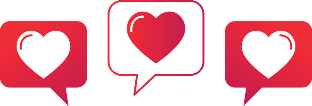Three red gradient speech bubbles with white hearts inside on white background love chat