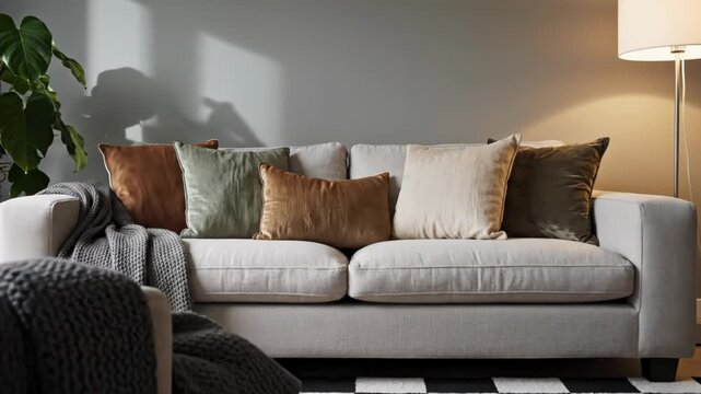 Modern living room with gray sofa and pillows near lamp and checkered floor