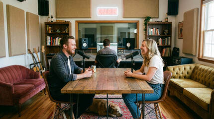 A podcast recording studio with a man and a woman