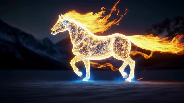 Glowing wireframe horse galloping with fiery mane and tail across dark mountain landscape at night