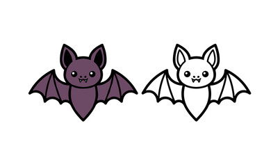 Fototapeta premium Cute cartoon bat characters in colored and black and white line art versions for halloween decoration or children coloring book activities