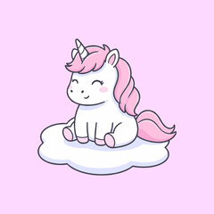 Adorable Baby Unicorn Character Sitting on a Cloud with Pink Mane and Tail Fantasy Animal Illustration for Nursery and Kids Design Vector