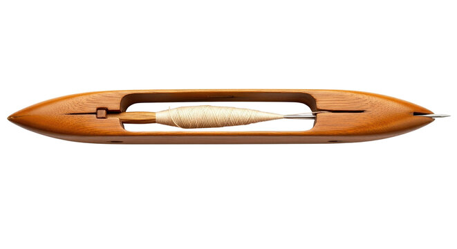 Wooden weaving shuttle with white yarn bobbin, traditional textile tool, isolated PNG with Transparent Background