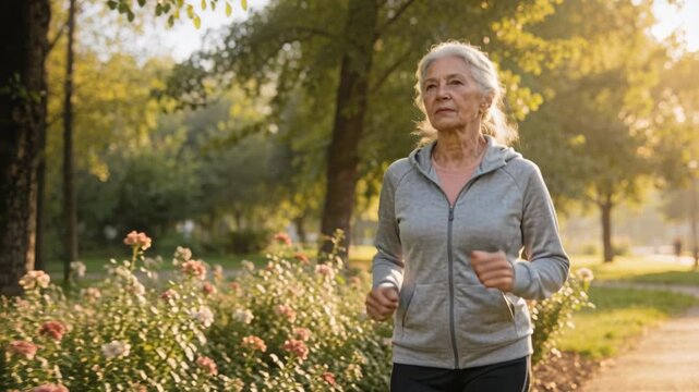 Active senior woman jogging park enjoying morning sunlight floral path promoting longevity lifestyle healthy routine sunrise