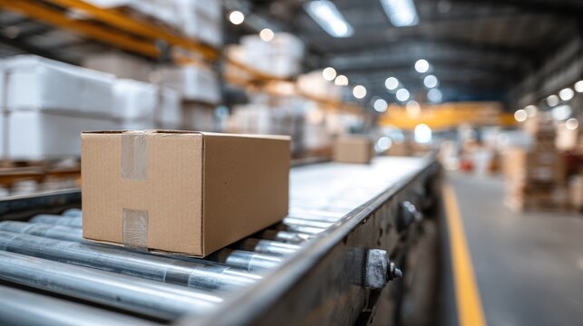 A cardboard box on a conveyor belt in a warehouse with other boxes and machinery in the background.