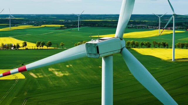 Producing clean electricity with wind turbines on green fields. Spinning eco energy generators over rural landscape. Rotating wind power blades generating sustainable energy