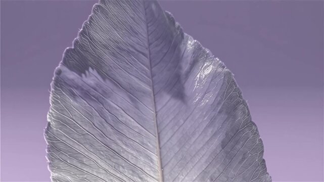 Single large tropical leaf painted in metallic silver color with detailed veins on soft purple background