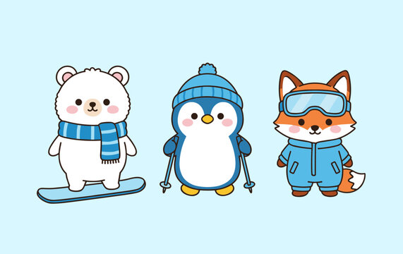Winter Sports Animal Characters Featuring Polar Bear Snowboarding Penguin Skiing and Fox in Winter Suit Isolated on Light Blue Background