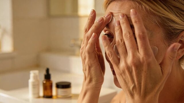 Mature woman applying face cream moisturizer and facial cream for longevity lifestyle skincare routine morning ritual gentle self