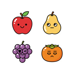Set of cute fruit characters with funny facial expressions including apple pear grapes and persimmon for healthy food promotion vector art