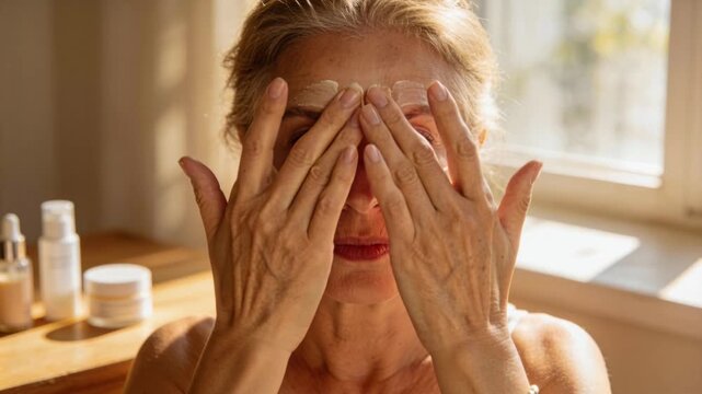 Mature woman skincare longevity lifestyle applying face cream moisturizer with hands covering face sunlight morning routine