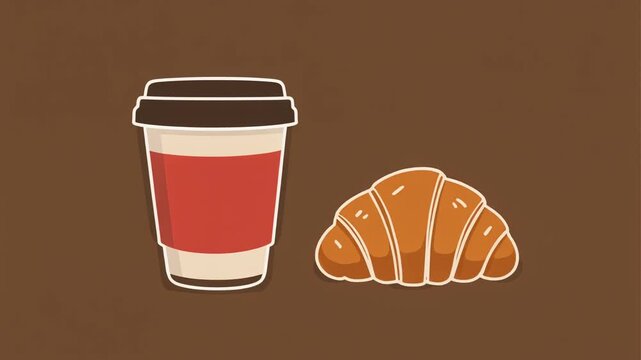 Animated Coffee Cup and Croissant Arrangement on Brown Background Loop