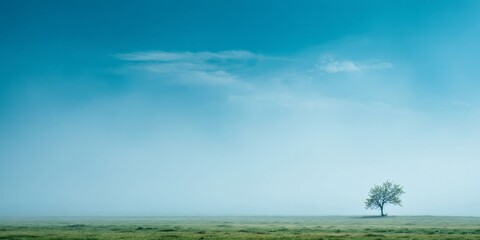 Obraz premium Lone tree standing in misty green field