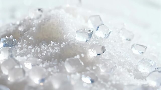 Medium shot of crystallized sugar surface highlighting smooth glassy textures with subtle light reflections emphasizing pristine candy crystal patterns.