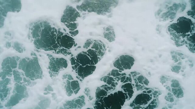 Dynamic water surface forming an abstract pattern of powerful waves, dark teal currents, and frothy white foam, illustrating force, energy, and the relentless movement of nature's elements