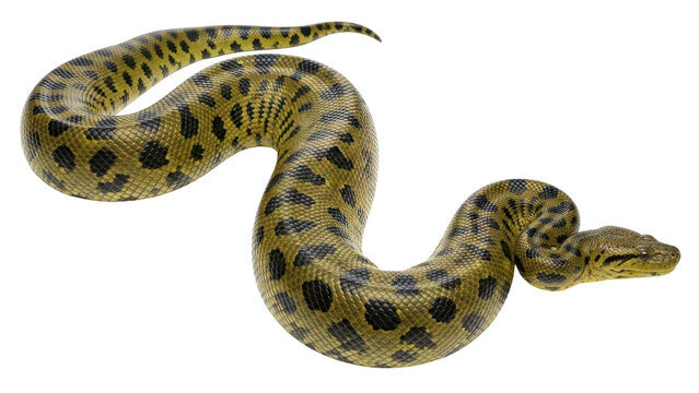 Green anaconda snake with black spots, coiled, isolated PNG with Transparent Background