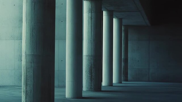 Concrete pillars and clean lines form a minimalist, brutalist corridor with strong shadows and repeating geometry, conveying stability and urban architectural depth