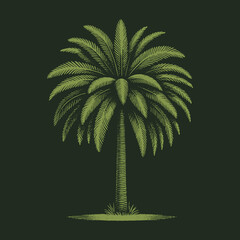 Obraz premium Vintage Palm Tree Illustration on Dark Green Background.