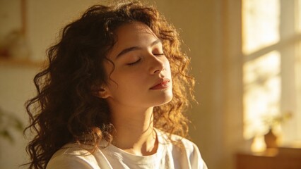 Woman with curly hair in sunlight