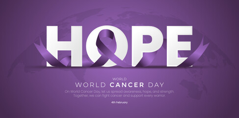 Fototapeta premium World Cancer Day Hope Typography with Purple Awareness Ribbon World Cancer Day February 4, vector illustration.