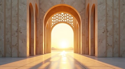 Fototapeta premium The Arch of Transition: An 8K vertical study of a concrete and brass monumental archway at sunset.
