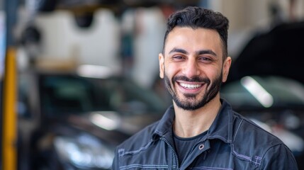 Obraz premium A smiling man in a workshop, wearing a black jacket, standing in front of a car with a blurred background.