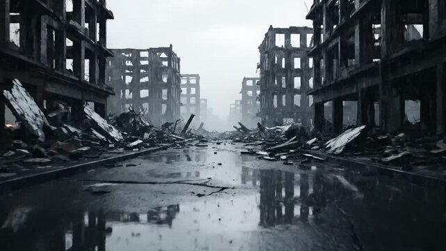 Apocalyptic City Street Scene: Ruined Buildings, Debris, and Rain