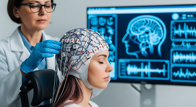 A healthcare professional carefully adjusts an electroencephalogram cap on a young woman s head while a brain scan is displayed on a monitor high-quality