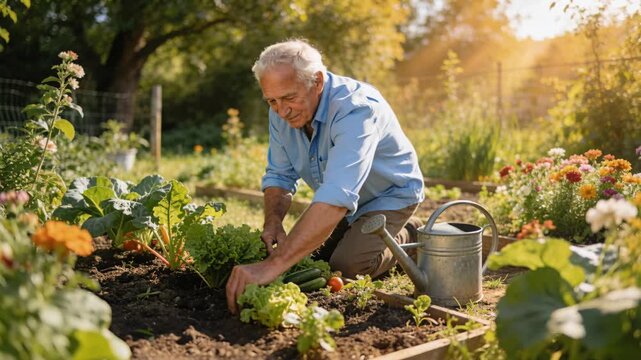 Elderly man gardening harvesting vegetable lettuce sunny backyard garden promoting longevity lifestyle tending vegetable bed with