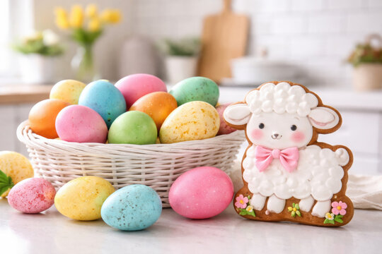 Colorful easter eggs in basket with adorable lamb cookie on spring kitchen counter