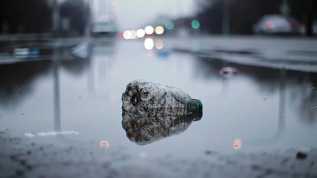 A discarded plastic water bottle floats in a puddle on an urban street reflecting city lights and highlighting environmental pollution and sustainability concerns
