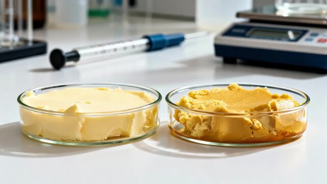 Medium shot showing sidebyside comparison tubs of butter with slight variations in texture and color illustrating AIs effect on formulation consistency in a lab setting.