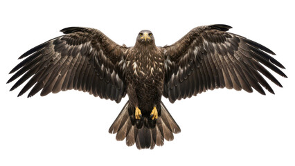 Fototapeta premium Large brown eagle with outstretched wings, front view, isolated PNG with Transparent Background