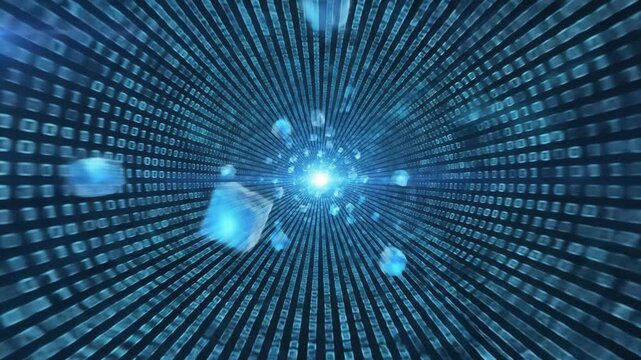 A dynamic abstract visualization of a digital tunnel formed by binary code, emanating a bright blue light in the center.