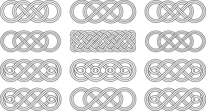 Intricate Celtic knot and braid outline patterns set with endless interlaced designs isolated on white background vector line art