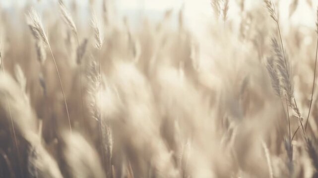 Wild foxtail grass heads swaying gently in a field, backlit by soft, diffused warm light creating a peaceful, tranquil atmosphere and offering a serene backdrop with natural textures