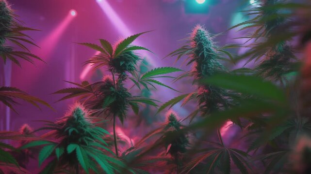 Vibrant cannabis plants illuminated by colorful lights.