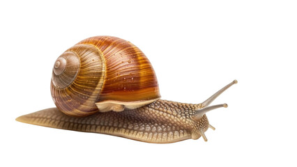 Garden snail with brown striped shell and textured body crawling, isolated PNG with Transparent Background