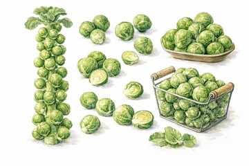 Fototapeta premium Watercolor Brussels sprouts botanical illustration set and culinary scene for local market poster