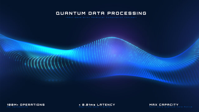 Blue abstract background particle wave flow with artificial intelligence quantum data processing, Futuristic technology banner with glowing digital dot curve pattern, Vector illustration.