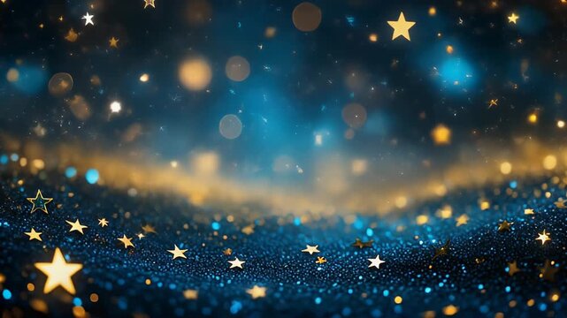 A glittering surface with blue and gold bokeh lights.
