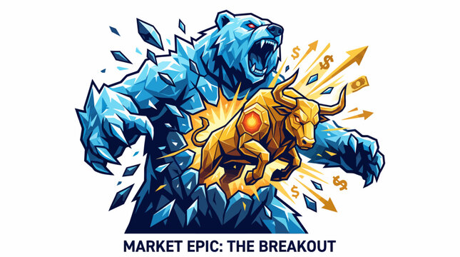 Golden bull bursting through ice bear market vector illustration