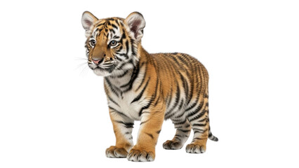 Obraz premium Cute Bengal tiger cub with orange and black stripes, standing and looking left, isolated PNG with Transparent Background
